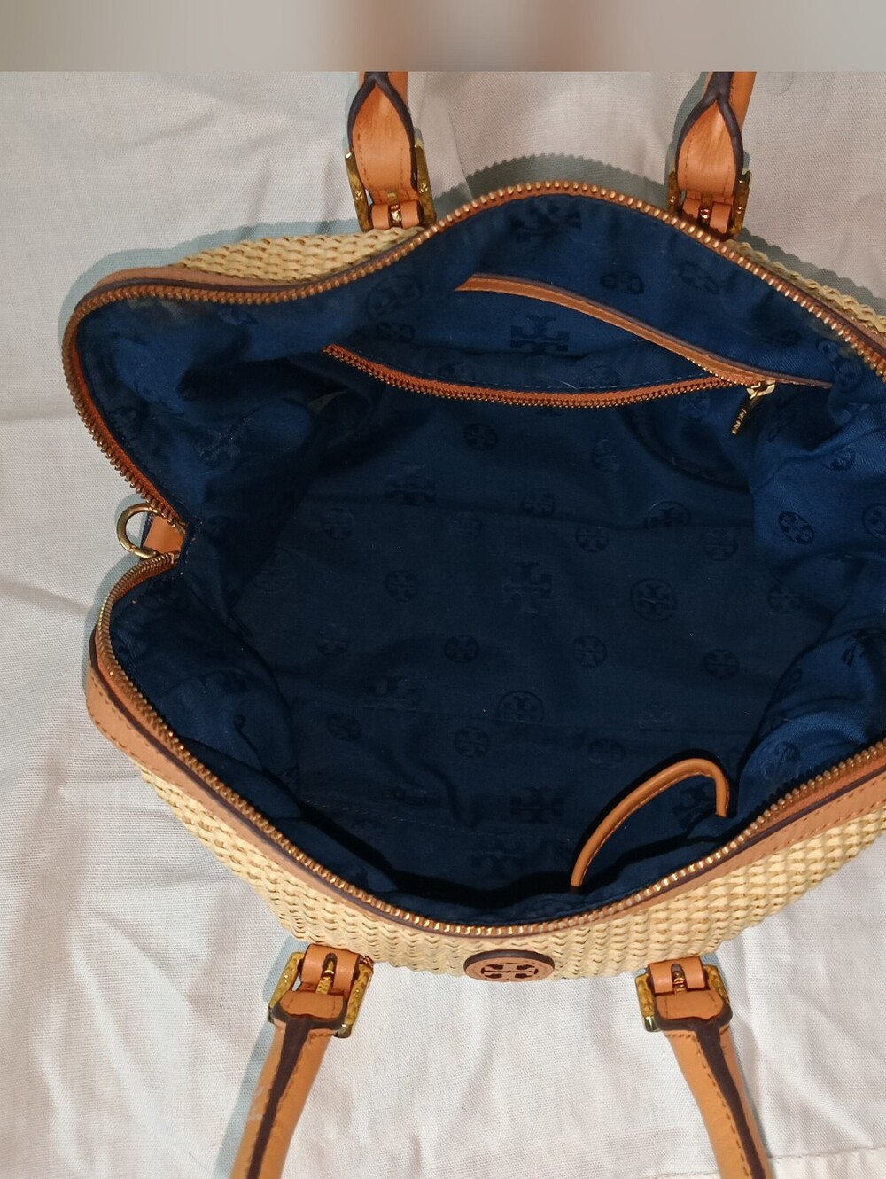 Tory Burch Navy Canvas & Natural Raffia Satchel - Picture 11 of 16